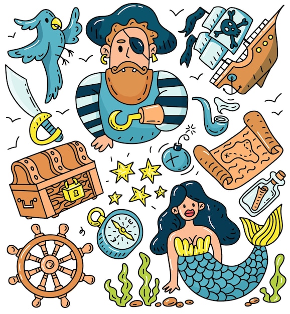 Pirata garabato dibujos animados vector color conjunto Capitán loro tesoro barco espada mapa bomba sirena