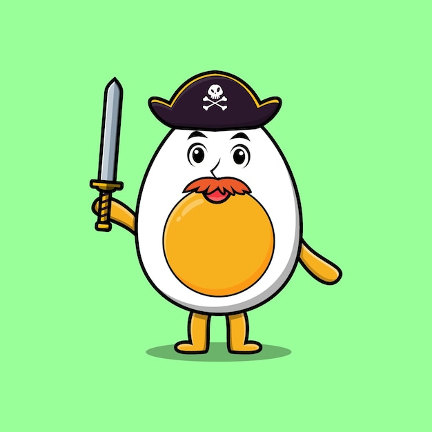 Pirata de huevo cocido de dibujos animados lindo con sombrero y espada