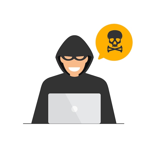 Pirata informático con capucha negra o ciberdelincuente en una computadora portátil proceso de robo de datos personales ataque de piratas informáticos