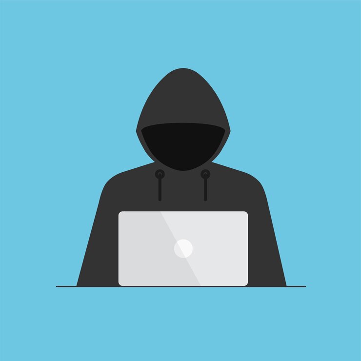 Vector pirata informático en capucha negra o ciberdelincuente en la computadora portátil proceso de robo de datos personales del usuario internet