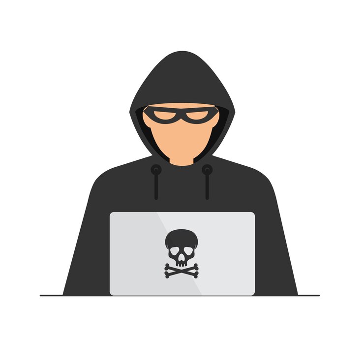 Vector pirata informático en capucha negra o ciberdelincuente en la computadora portátil proceso de robo de datos personales de los usuarios