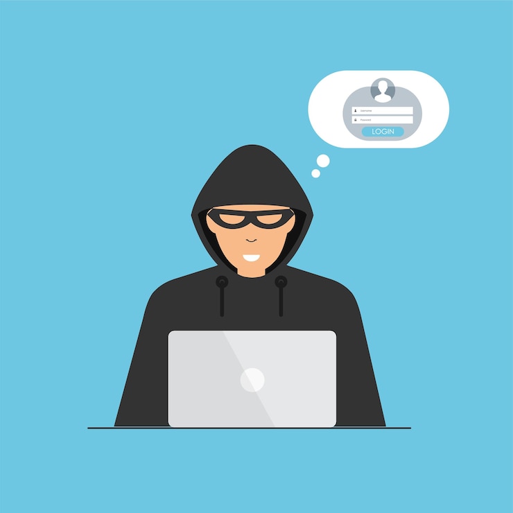Vector pirata informático con capucha negra sentado en el escritorio proceso de robo de inicio de sesión de usuario de piratería cibernética