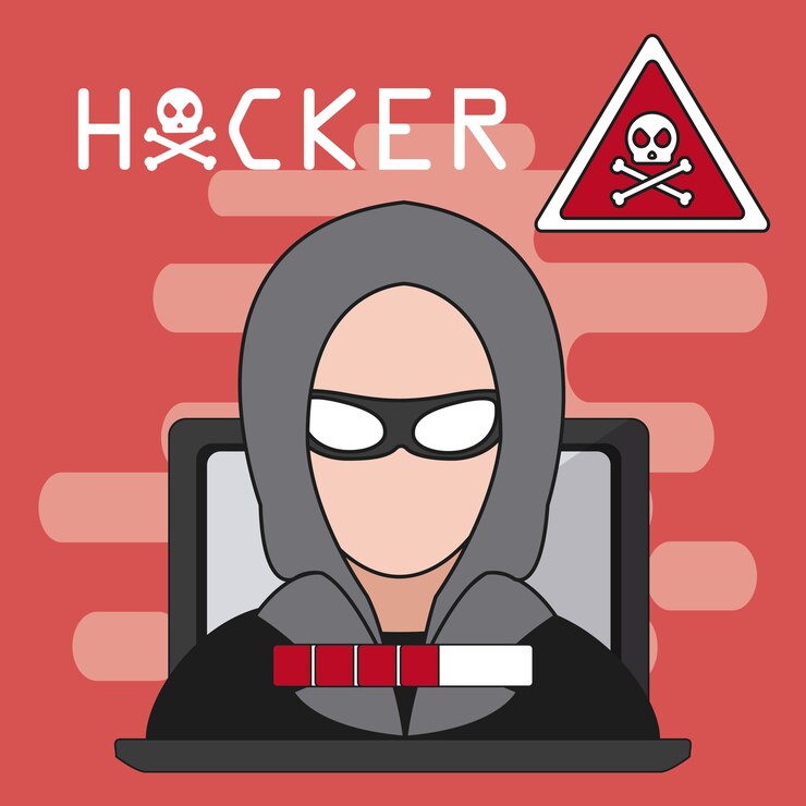 Vector pirata informático en la computadora portátil con el diseño gráfico del ejemplo del vector de la muestra de la atención
