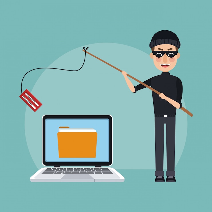 Vector pirata informático con contraseñas de pesca portátil