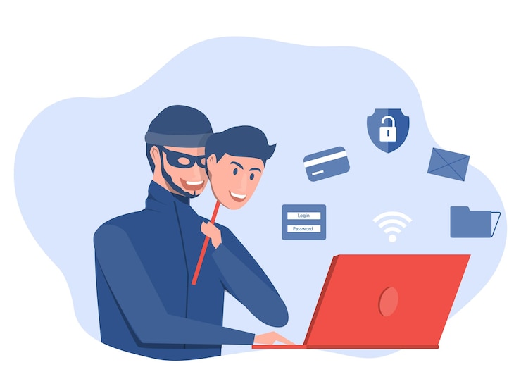 Vector pirata informático criminal con máscara de amigos por piratear en la pantalla del portátil robando dinero, delito cibernético,