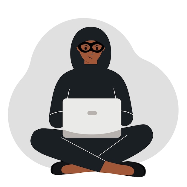 Pirata informático con una máscara negra con una computadora El ciberdelincuente sostiene una computadora portátil Estafa de phishing móvil de ataque cibernético Ilustración plana vectorial