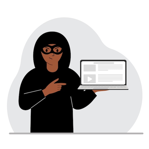 Pirata informático con una máscara negra con una computadora El ciberdelincuente sostiene una computadora portátil Estafa de phishing móvil de ataque cibernético