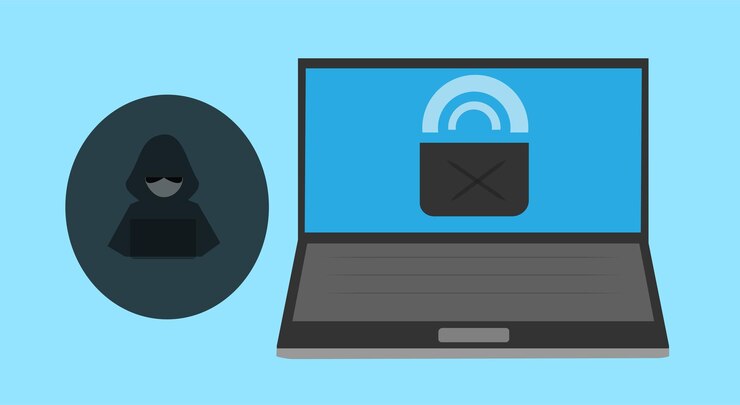 Vector pirata informático portátil que roba datos confidenciales seguridad personal internet phishing seguridad informática