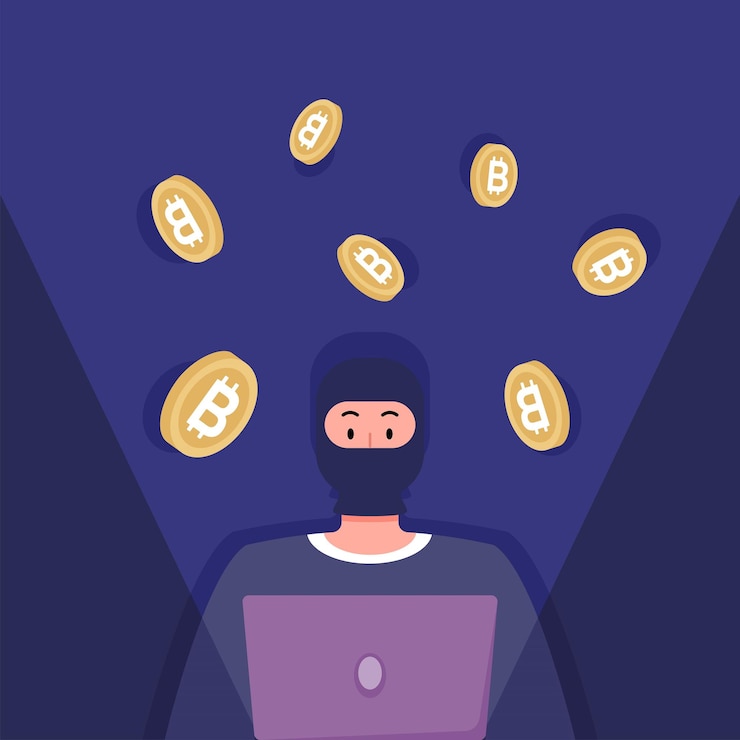 Vector pirata informático que trabaja con una computadora portátil que roba criptomonedas