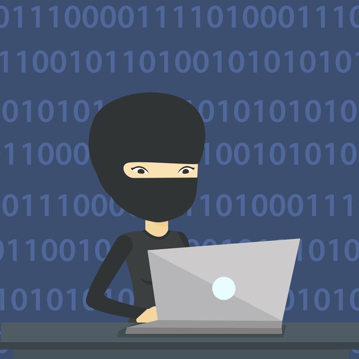 Vector pirata informático que usa la computadora portátil para robar información.