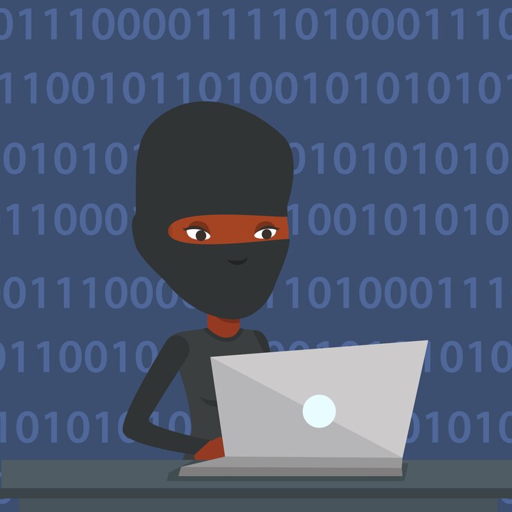 Vector pirata informático que usa la computadora portátil para robar información.