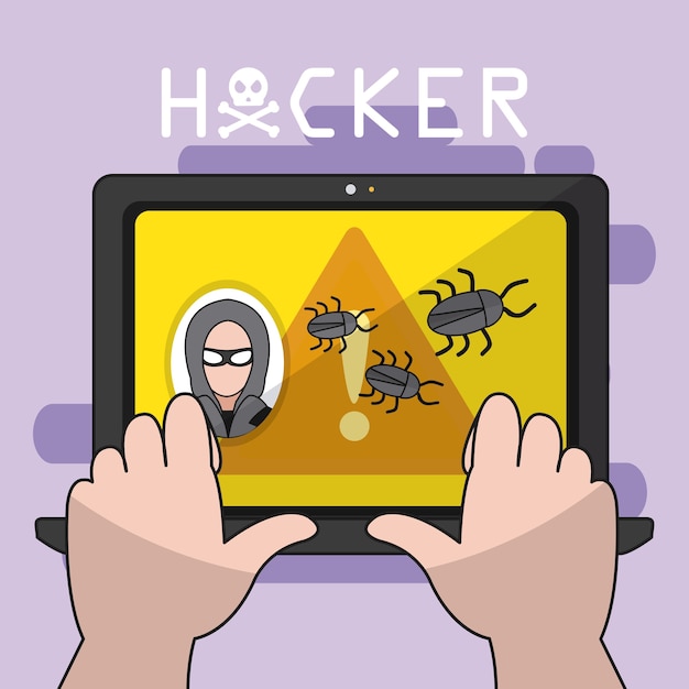 Pirata informático que usa diseño gráfico del ejemplo del vector de la computadora portátil