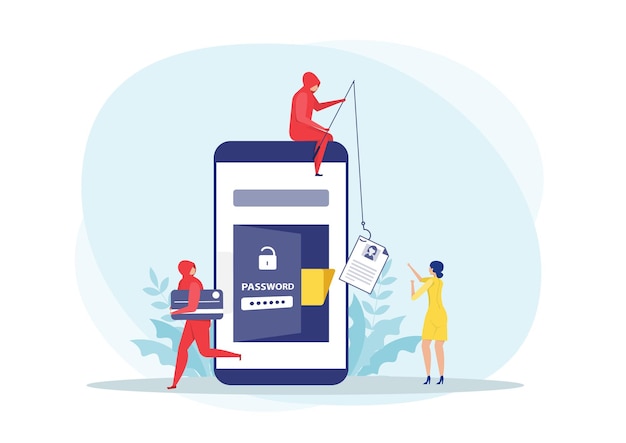 El pirata informático roba la tarjeta de crédito del teléfono inteligente y el ladrón que pesca roba datos personales en el concepto de teléfono Ilustración