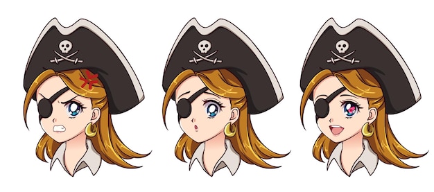 Pirata kawaii de halloween con ocho expresiones faciales diferentes estilo de anime retro de los años 90 ilustración vectorial de dibujo a mano aislado en fondo blanco