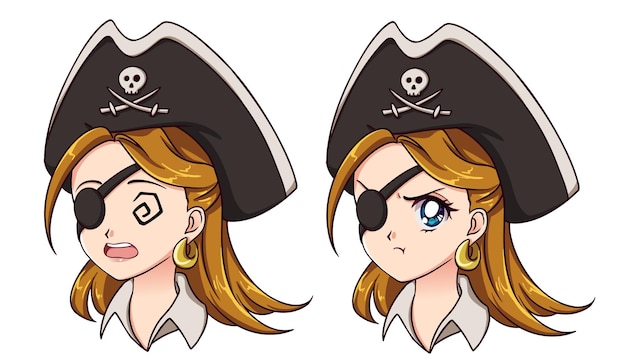 Vector pirata kawaii de halloween con ocho expresiones faciales diferentes estilo de anime retro de los años 90 ilustración vectorial de dibujo a mano aislado en fondo blanco