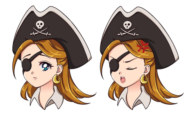 Pirata kawaii de halloween con ocho expresiones faciales diferentes estilo de anime retro de los años 90 ilustración vectorial de dibujo a mano aislado en fondo blanco