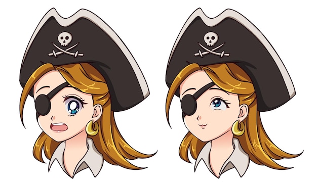 Vector pirata kawaii de halloween con ocho expresiones faciales diferentes estilo de anime retro de los años 90 ilustración vectorial de dibujo a mano aislado en fondo blanco