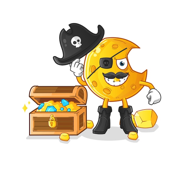 El pirata de la luna creciente con la mascota del tesoro. vector de dibujos animados