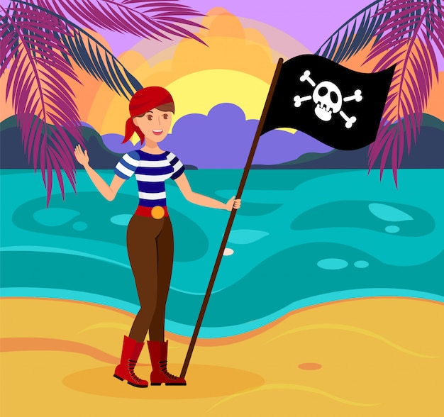 Pirata mujer amistosa con bandera plana ilustración