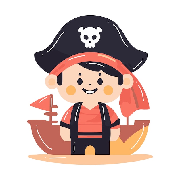 Vector pirata de niño lindo dibujado a mano en estilo plano