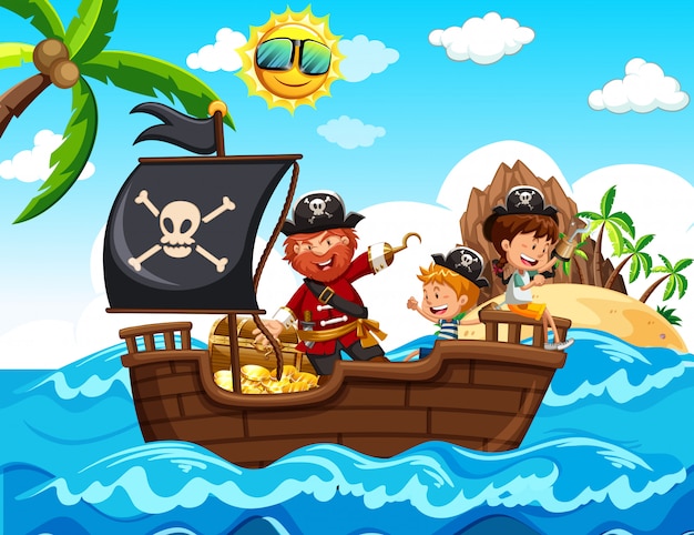 Pirata y niños en el barco