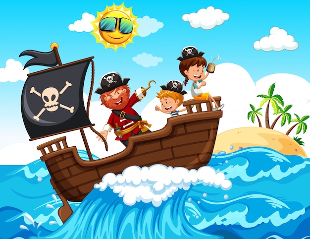 Vector un pirata y niños felices en el barco