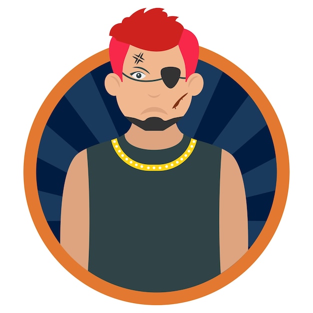 Pirata con un parche en el ojo concepto vector icono redondo diseño símbolo uniforme profesional