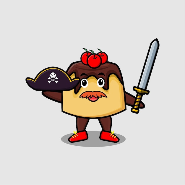 Pirata de pastel de personaje de mascota de dibujos animados lindo con sombrero y espada de sujeción en diseño moderno