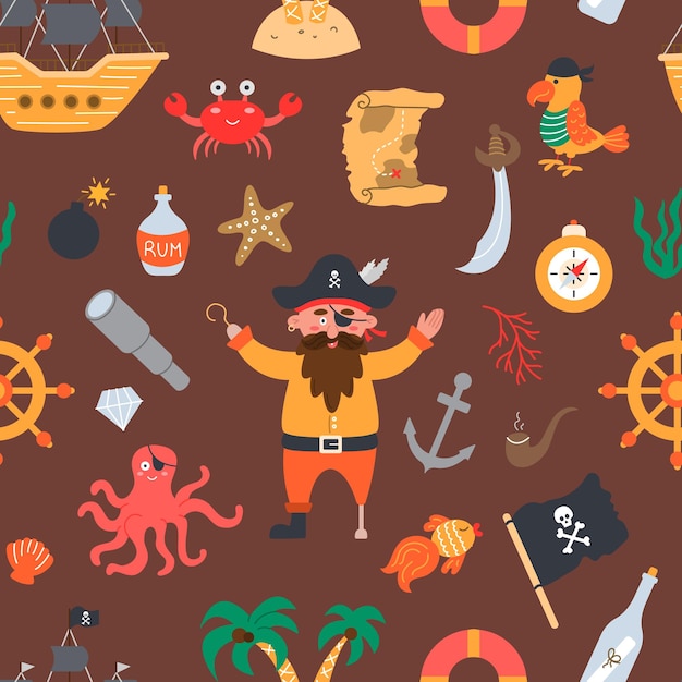 Pirata con patrón sin costuras en estilo plano dibujado a mano Buque loro mapa del tesoro habitantes del mar