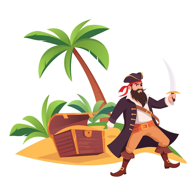Pirata de pie en una isla del tesoro con una ilustración vectorial dibujada con una espada