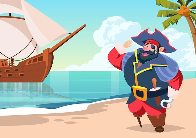 Un pirata en la playa con un barco al fondo.