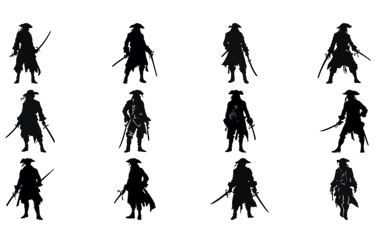 Vector pirata posa silueta vectorial pirata en acción con siluetas de piratas de la espada