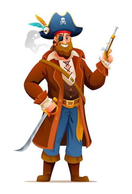Pirata sosteniendo una pistola y una espada ilustración de diseño de personajes de dibujos animados