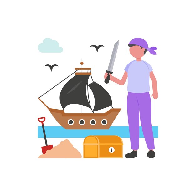 Pirata con un tesoro de espada y un barco