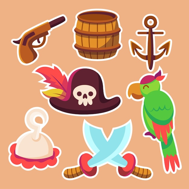 Pirata vector juego icono conjunto dibujos animados corsario tesoro objeto kit rueda de madera cofre jolly roger Vintage Caribe objeto brújula dorada vidrio de espionaje UI Vector ilustración