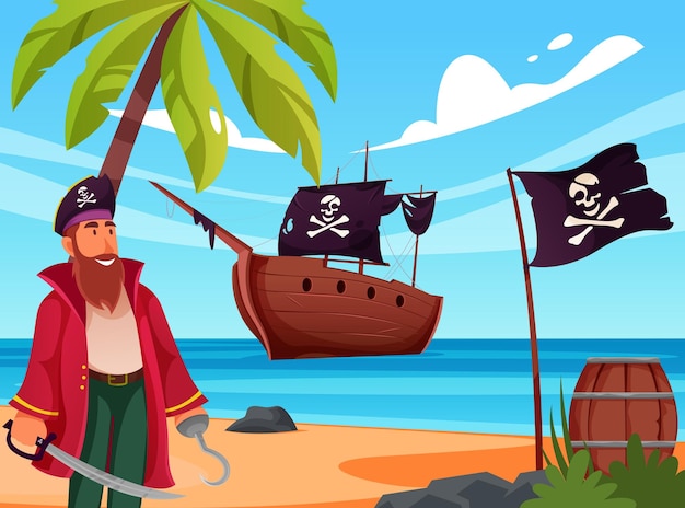 Pirata vectorial con personaje humano de dibujos animados en la playa de la isla