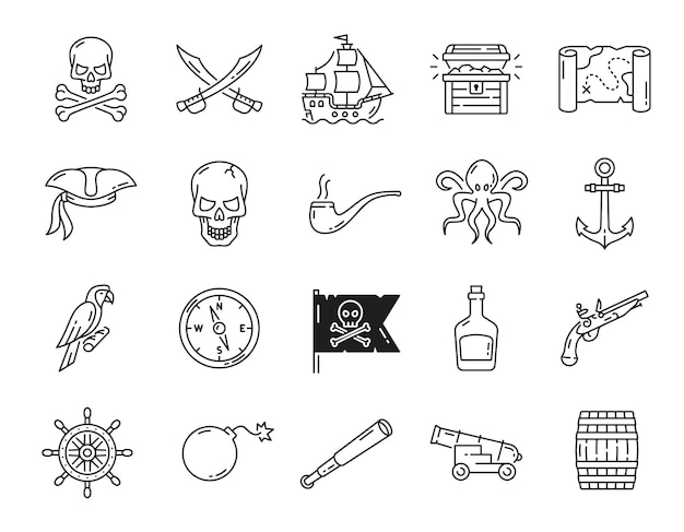 Piratas caribeños delinean iconos Filibustero barco y cañón bucanero capitán y cofre del tesoro brújula ancla y jolly roger cráneo monstruo marino ron y corsario sombrero arma iconos de línea delgada