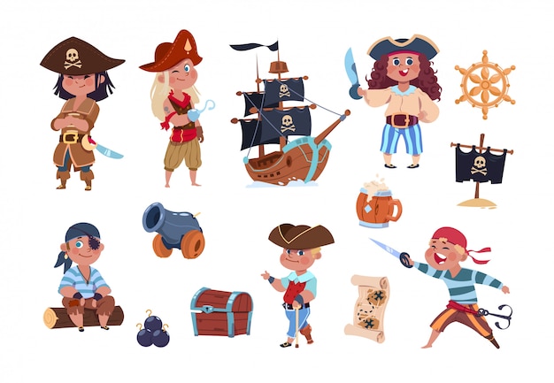 Piratas de dibujos animados capitán pirata divertido y personajes marineros, colección de mapas del tesoro del barco