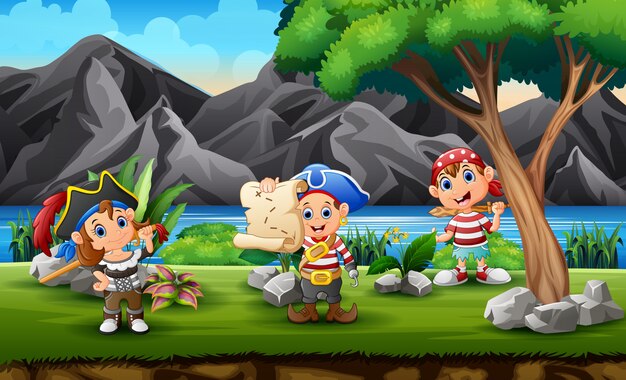 Piratas de dibujos animados niños en busca de tesoros