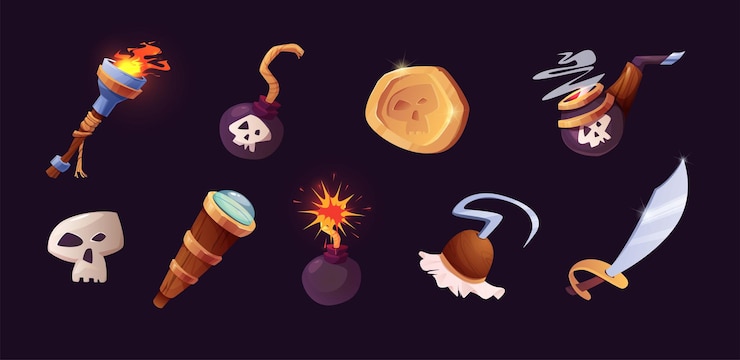 Vector piratas establecer iconos en estilo de dibujos animados. bandera, bomba, sable, catalejo, calavera blanca, gancho de mano, pipa