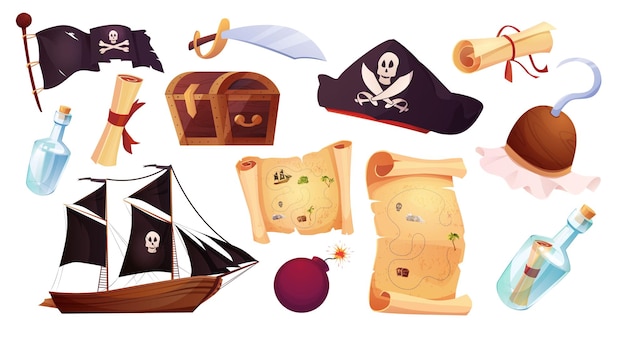 Piratas establecer iconos en estilo de dibujos animados