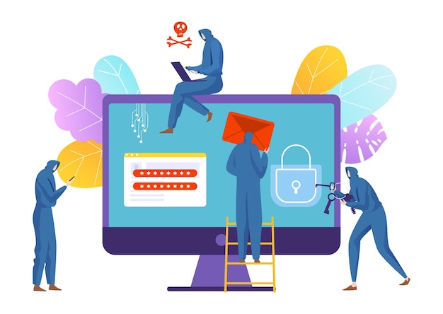 Los piratas informáticos de tecnología moderna roban información de datos personales información de ataque de caracteres pequeños vector plano
