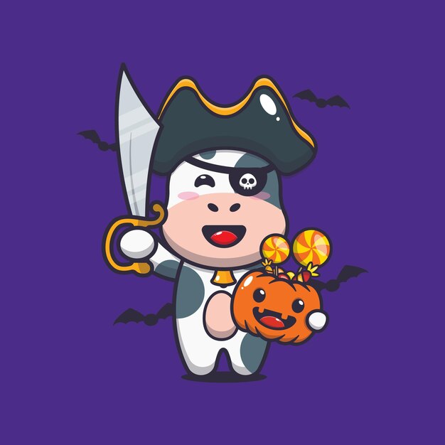 piratas de la vaca linda con la espada que lleva la calabaza de halloween linda ilustración de dibujos animados de halloween