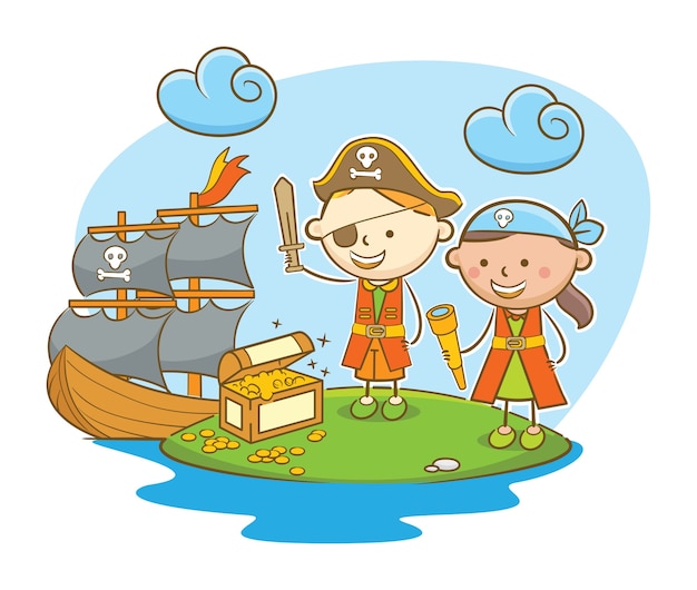 Pirate kids finding treasure