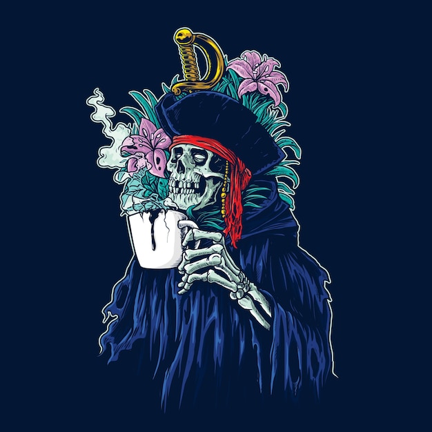 Vector pirate skull sosteniendo una taza de café