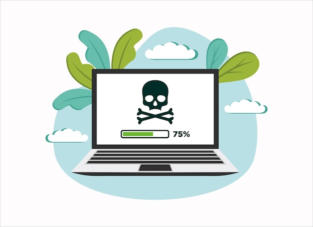 Piratería en la computadora como criminalidad en línea y robo Infracción de derechos de autor y descarga ilegal en Internet Ilustración vectorial de lapton con pirata en la pantalla
