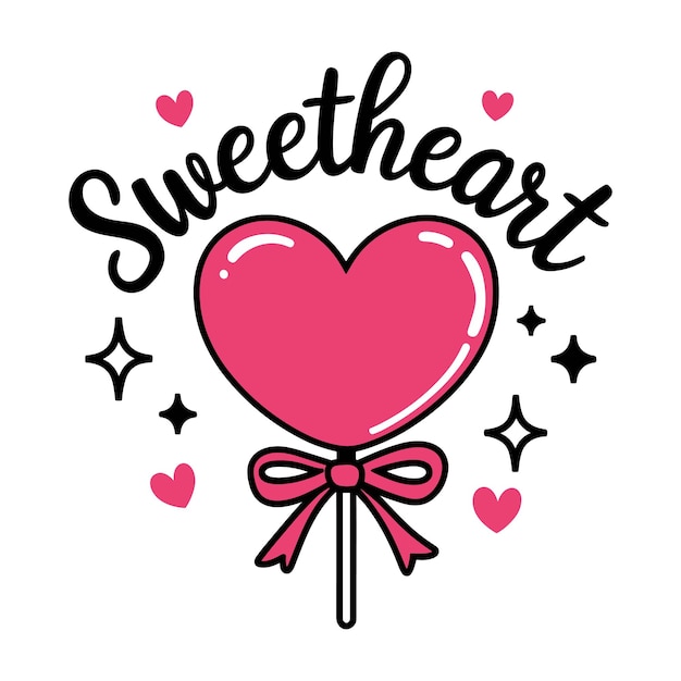 Una piruleta en forma de corazón con un arco y las palabras cariño escritas en rosa