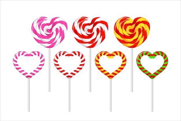Piruletas de corazón de colores. Ilustración de vector para el día de San Valentín, boda, cumpleaños. Vector en fondo blanco.