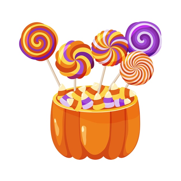 Piruletas en un tazón de calabaza de Halloween con maíz dulce Piruleta en una canasta Dulces de Halloween Golosinas navideñas Ilustración vectorial
