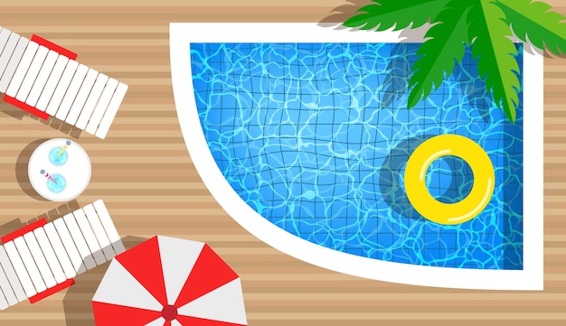 Vector piscina con anillos de natación sombrilla y tumbona vista superior vacaciones de verano hotel club resort concepto fiesta en la piscina ilustración vectorial